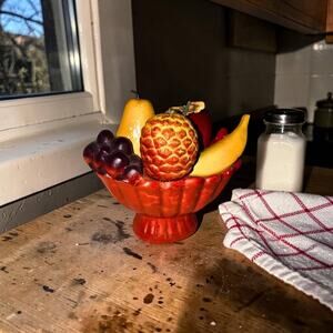Fruit Bowl Centerpiece: Vintage Chalkware, Orange Pedestal - 1970s Style